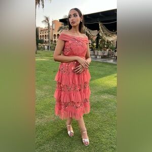 ASOS Little Mistress Coral Embroidered Midi Tulle Dress